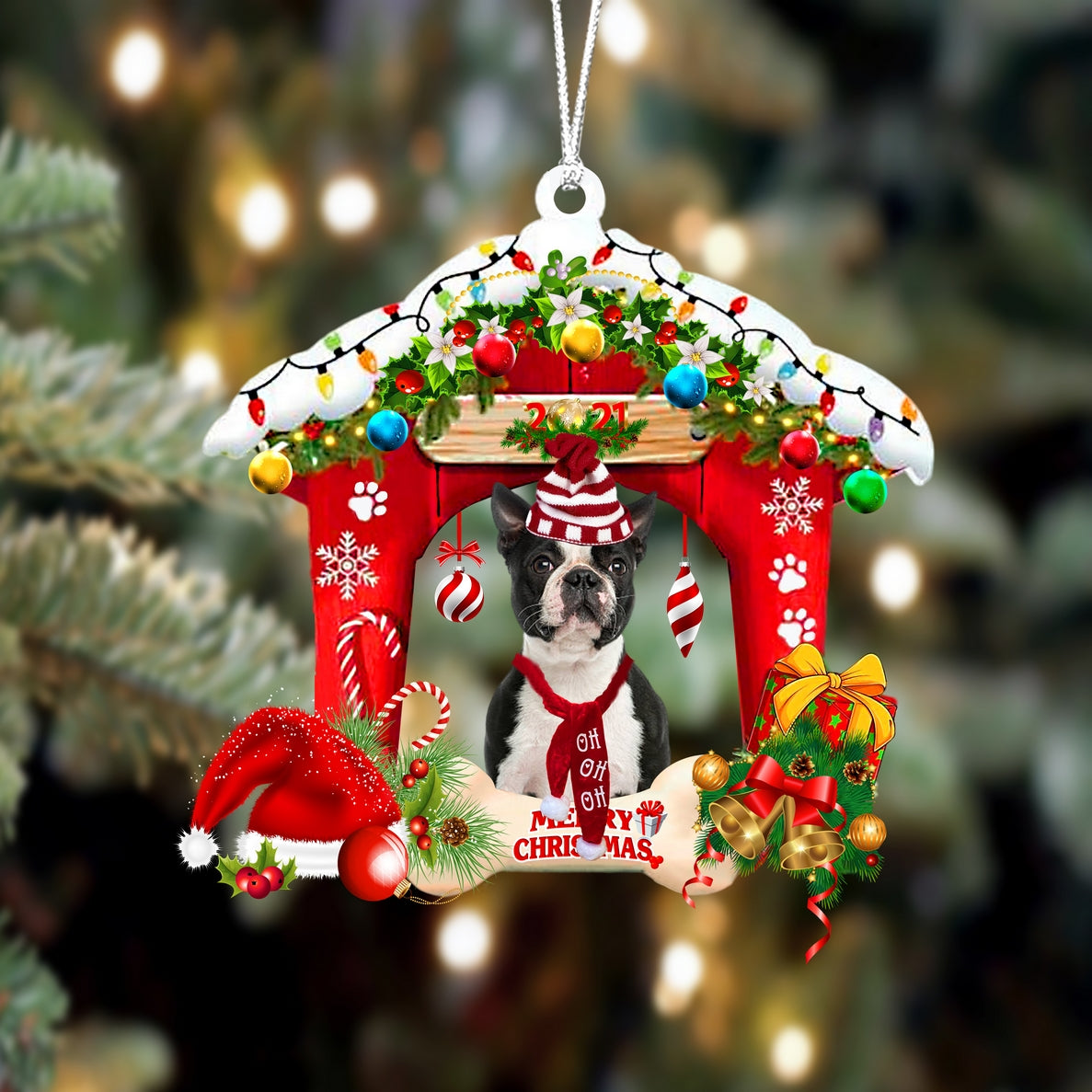 Ornament- Boston Terrier 1-Christmas House Two Sided Ornament, Happy Christmas Ornament, Car Ornament - Best gifts your whole family