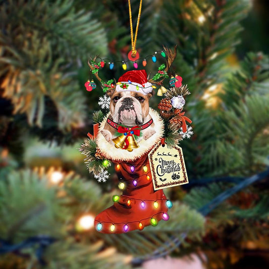 Ornament- BROWN English Bulldog-Xmas Boot-Two Sided Ornament, Happy Christmas Ornament, Car Ornament - Best gifts your whole family