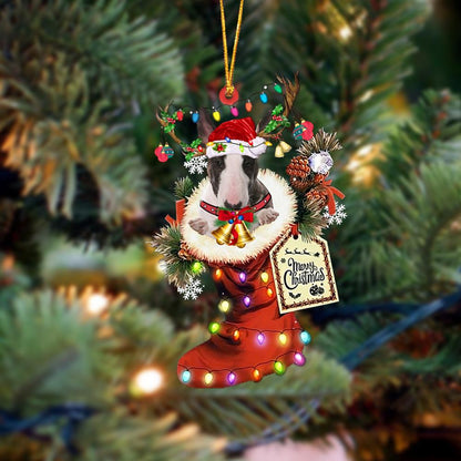 Ornament- Bull Terrier-Xmas Boot-Two Sided Ornament, Happy Christmas Ornament, Car Ornament - Best gifts your whole family