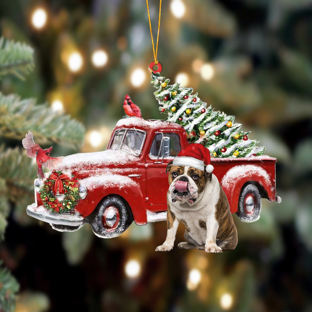 Ornament- English Bulldog-Cardinal & Truck Two Sided Ornament, Happy Christmas Ornament, Car Ornament - Best gifts your whole family