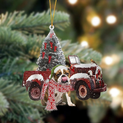 Ornament- English Bulldog-Christmas Truck Two Sided Ornament, Happy Christmas Ornament, Car Ornament - Best gifts your whole family