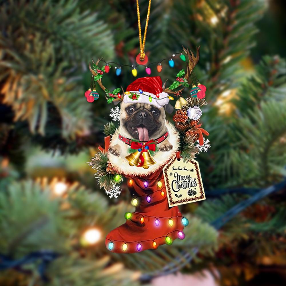 Ornament- FAWN Pug-Xmas Boot-Two Sided Ornament, Happy Christmas Ornament, Car Ornament - Best gifts your whole family