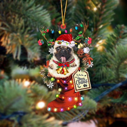 Ornament- FAWN Pug-Xmas Boot-Two Sided Ornament, Happy Christmas Ornament, Car Ornament - Best gifts your whole family