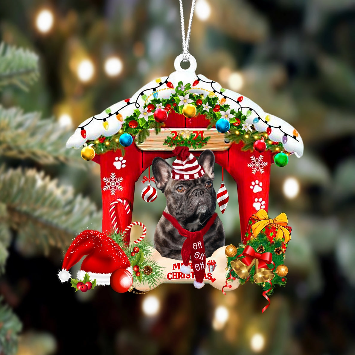 Ornament- French Bulldog 8-Christmas House Two Sided Ornament, Happy Christmas Ornament, Car Ornament - Best gifts your whole family