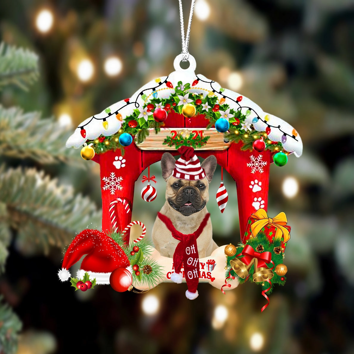 Ornament- French Bulldog-Christmas House Two Sided Ornament, Happy Christmas Ornament, Car Ornament - Best gifts your whole family