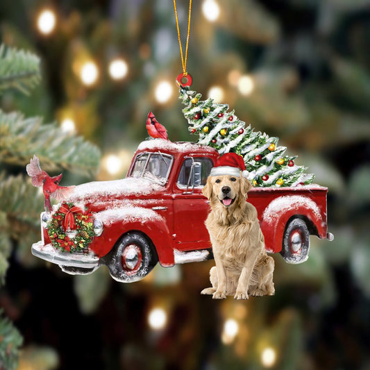 Ornament- Golden Retriever 1-Cardinal & Truck Two Sided Ornament, Happy Christmas Ornament, Car Ornament - Best gifts your whole family