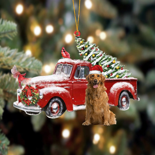 Ornament- Golden Retriever 4-Cardinal & Truck Two Sided Ornament, Happy Christmas Ornament, Car Ornament - Best gifts your whole family