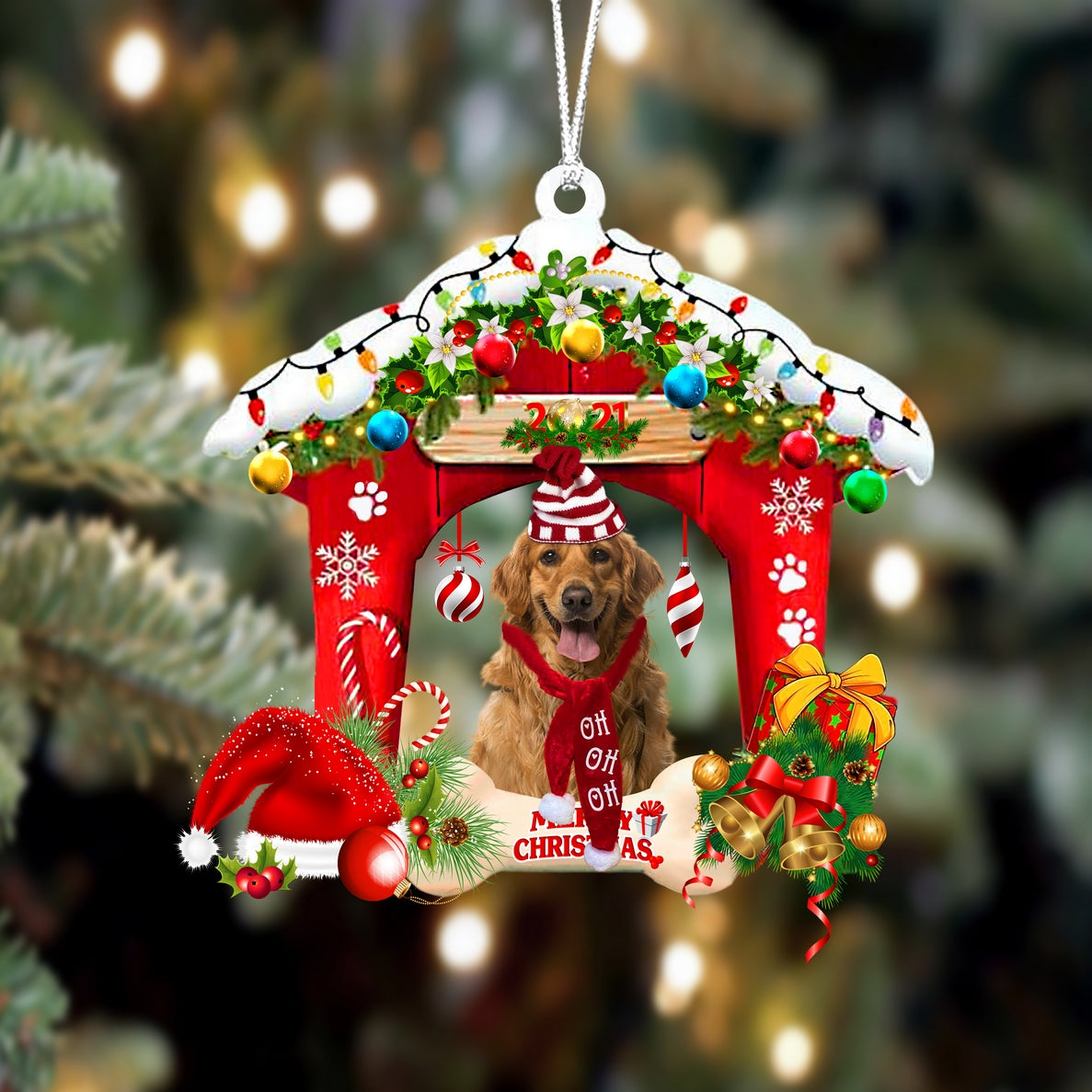 Ornament- Golden Retriever 4-Christmas House Two Sided Ornament, Happy Christmas Ornament, Car Ornament - Best gifts your whole family