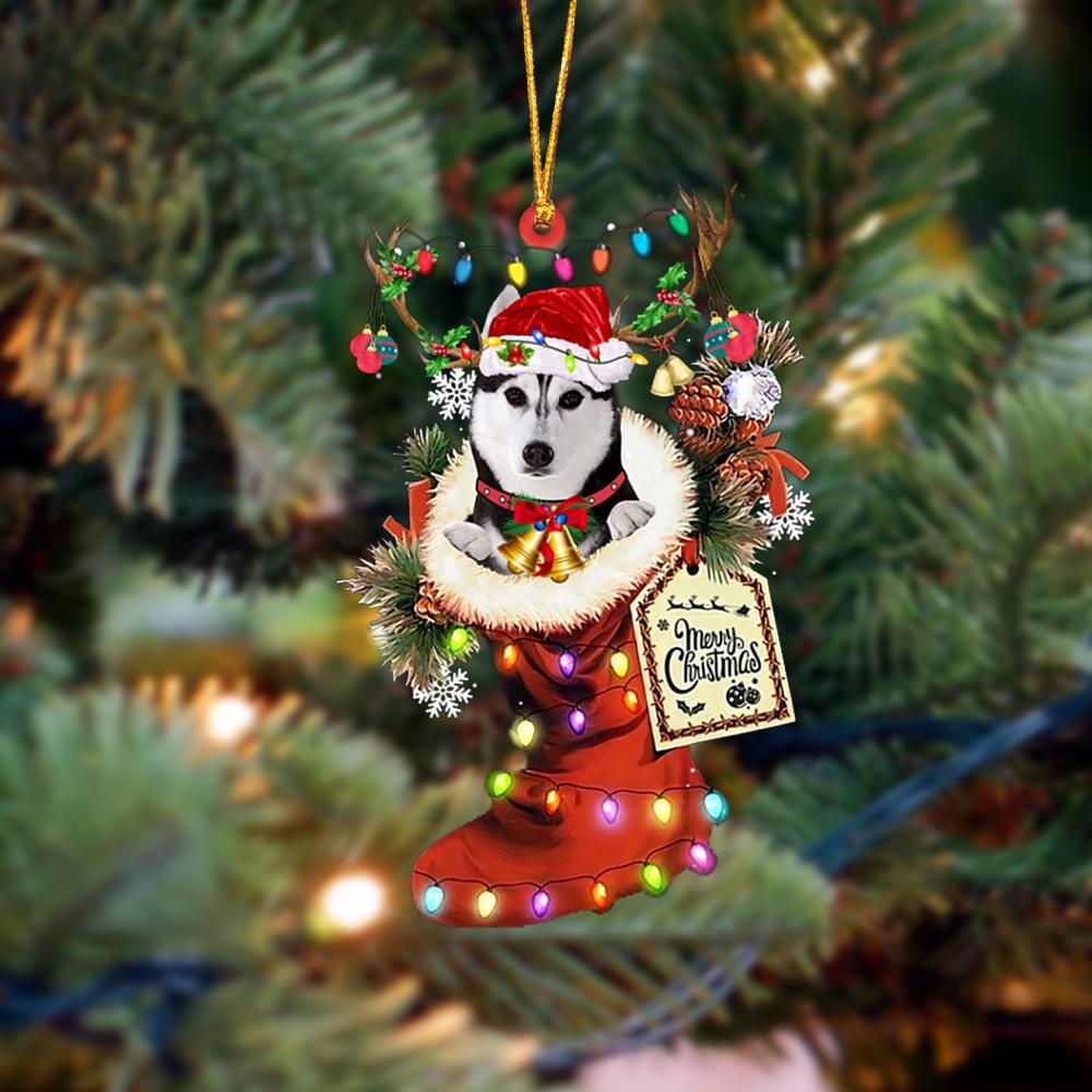 Ornament- Husky 1-Xmas Boot-Two Sided Ornament, Happy Christmas Ornament, Car Ornament - Best gifts your whole family