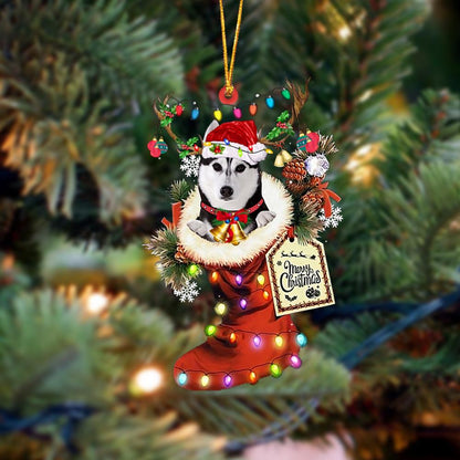 Ornament- Husky 1-Xmas Boot-Two Sided Ornament, Happy Christmas Ornament, Car Ornament - Best gifts your whole family