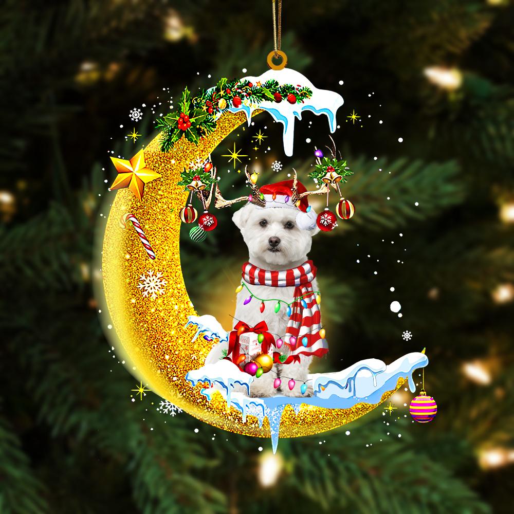 Ornament- Maltese On The Moon Merry Christmas Hanging Ornament Dog Ornament, Car Ornament, Christmas Ornament - Best gifts your whole family