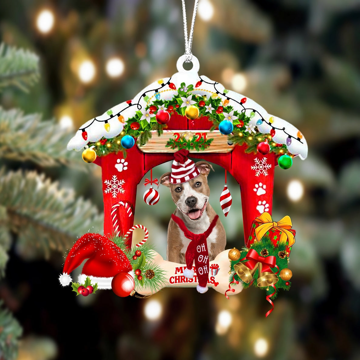 Ornament- Pitbull-Christmas House Two Sided Ornament, Happy Christmas Ornament, Car Ornament - Best gifts your whole family
