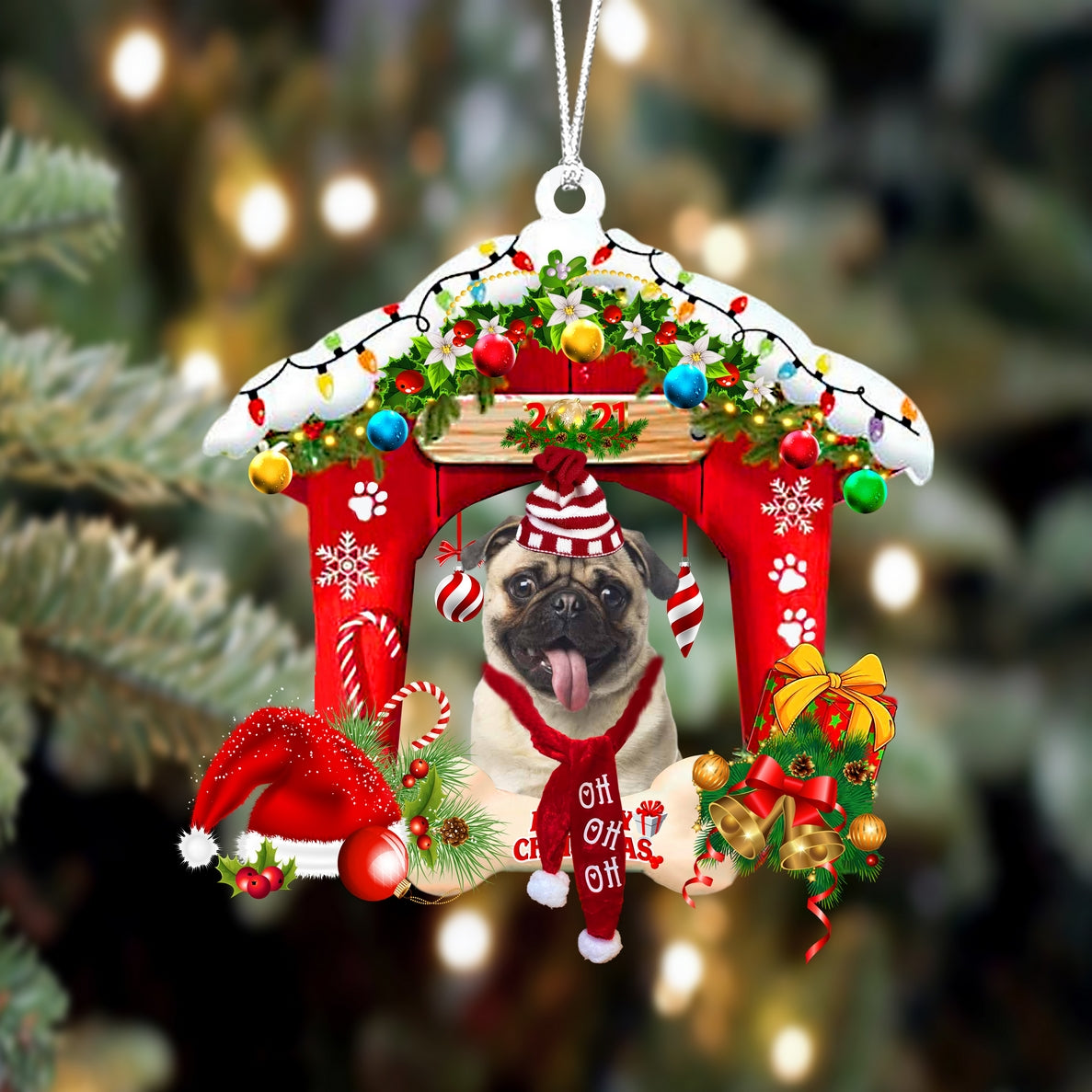 Ornament- Pug-Christmas House Two Sided Ornament, Happy Christmas Ornament, Car Ornament - Best gifts your whole family