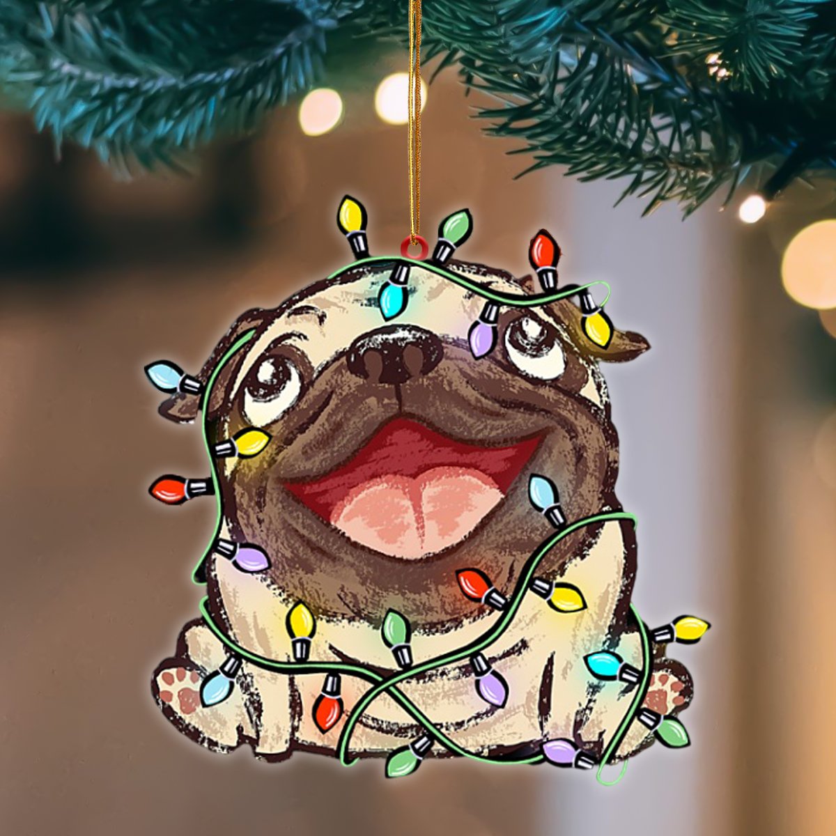 Ornament- Pug Christmas Light Hanging Ornament Dog Ornament, Car Ornament, Christmas Ornament - Best gifts your whole family