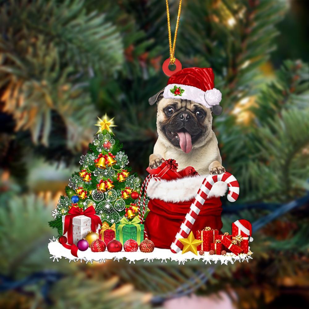 Ornament- Pug Gift Bag Merry Christmas Ornament Dog Ornament, Car Ornament, Christmas Ornament - Best gifts your whole family