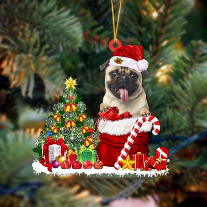 Ornament- Pug Gift Bag Merry Christmas Ornament Dog Ornament, Car Ornament, Christmas Ornament - Best gifts your whole family