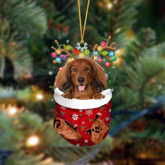 Ornament- RED LONG HAIRED Dachshund-In Christmas Pocket Two Sides Ornament, Christmas Ornament, Car Ornament - Best gifts your whole family