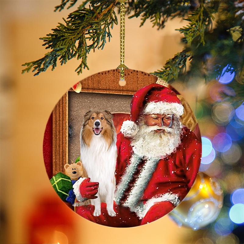 Ornament- Rough Collie With Santa Christmas Ornament, Happy Christmas Ornament, Car Ornament - Best gifts your whole family