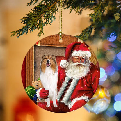 Ornament- Rough Collie With Santa Christmas Ornament, Happy Christmas Ornament, Car Ornament - Best gifts your whole family