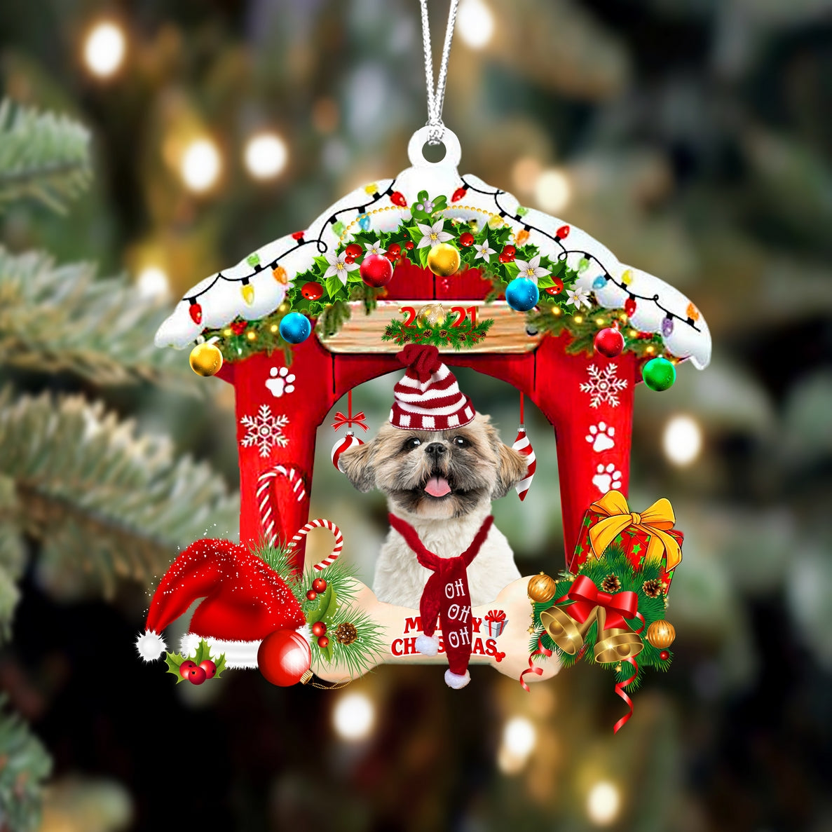 Ornament- Shih Tzu 2-Christmas House Two Sided Ornament, Happy Christmas Ornament, Car Ornament - Best gifts your whole family
