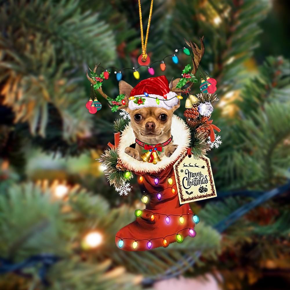 Ornament- TAN Chihuahua 1-Xmas Boot-Two Sided Ornament, Happy Christmas Ornament, Car Ornament - Best gifts your whole family