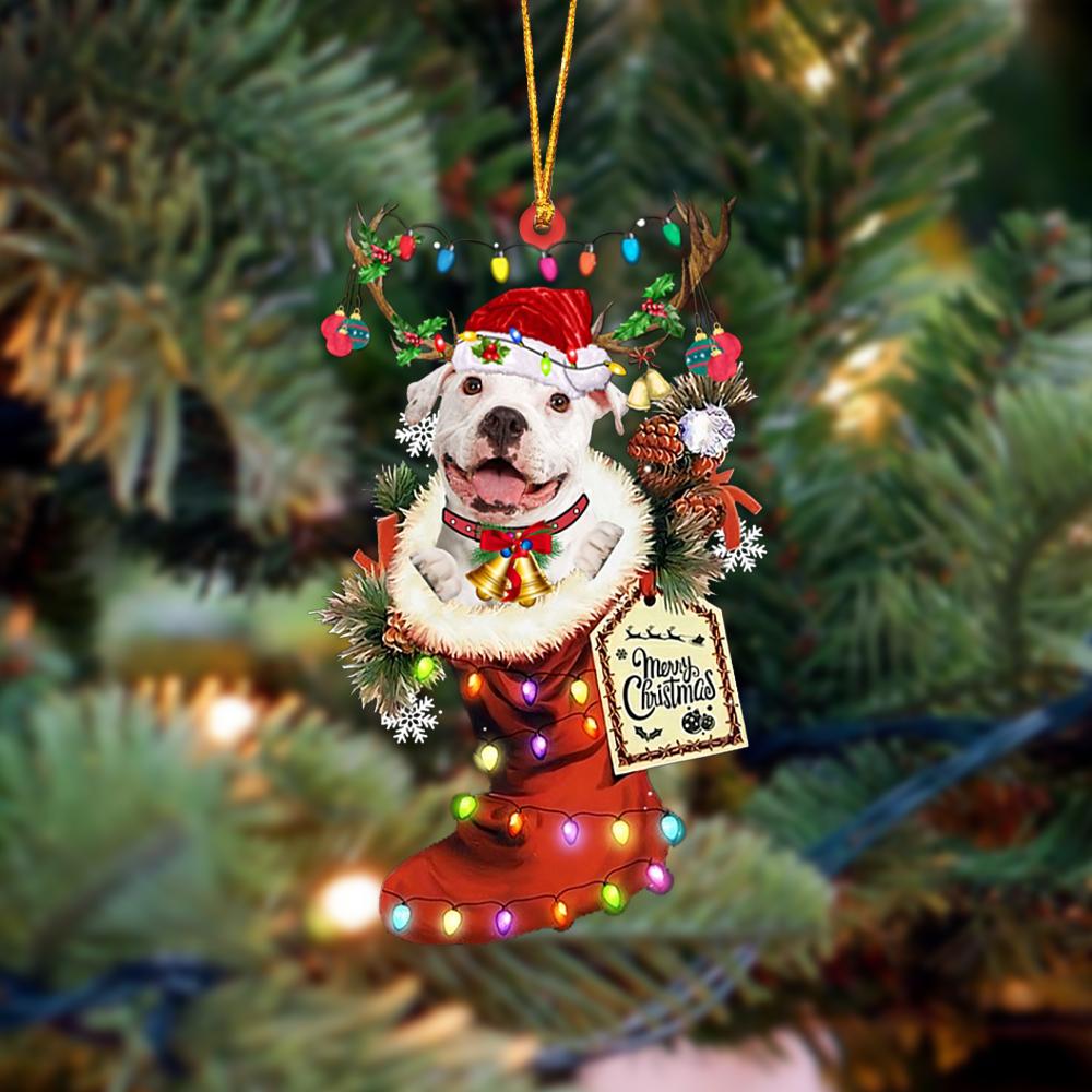 Ornament- WHITE Pitbulll-Xmas Boot-Two Sided Ornament, Happy Christmas Ornament, Car Ornament - Best gifts your whole family