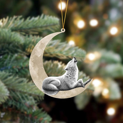 Ornament- Wolf Sits On The Moon Hanging Ornament Dog Ornament, Car Ornament, Christmas Ornament - Best gifts your whole family