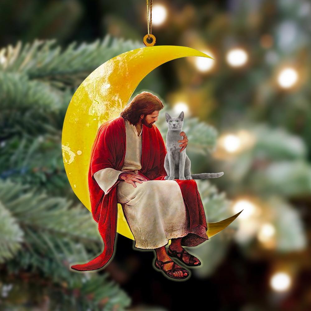 Ornaments- Russian Blue And Jesus Sitting On The Moon Hanging Ornament, Dog Ornaments, Car Ornament - Best gifts your whole family
