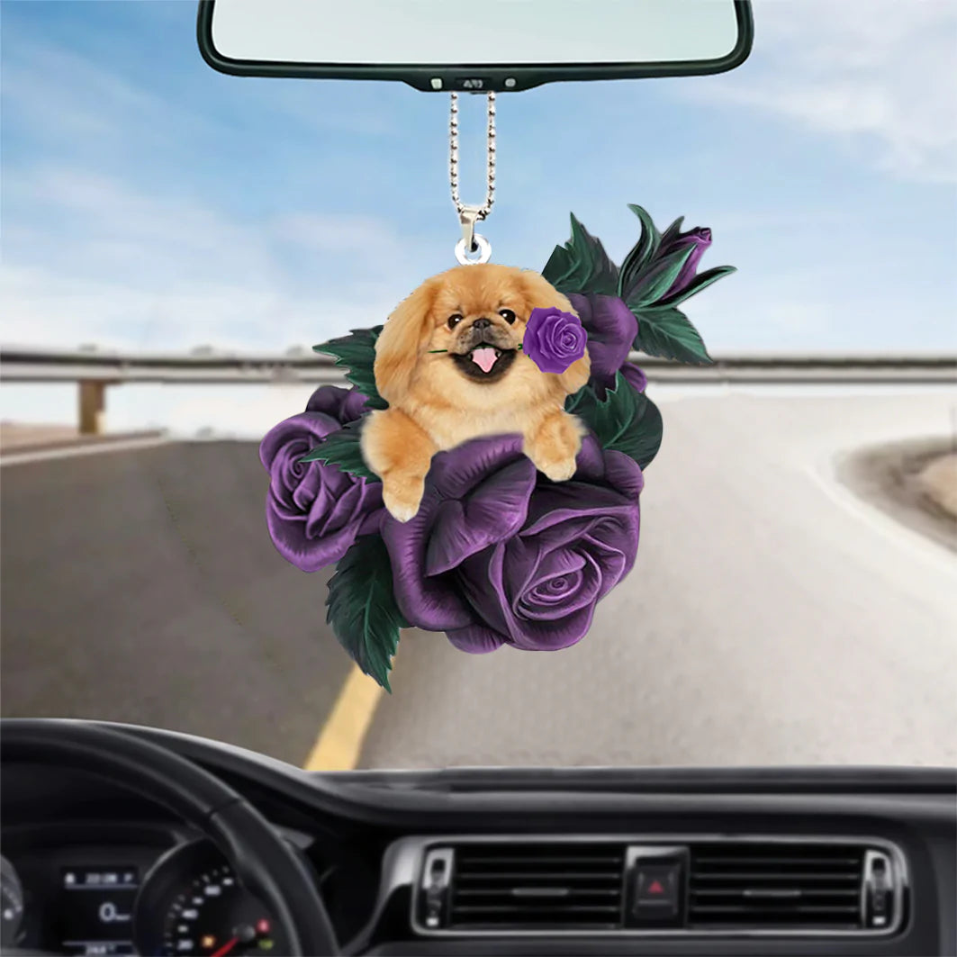 Pekingese In Purple Rose Car Hanging Ornament - Best gifts your whole family