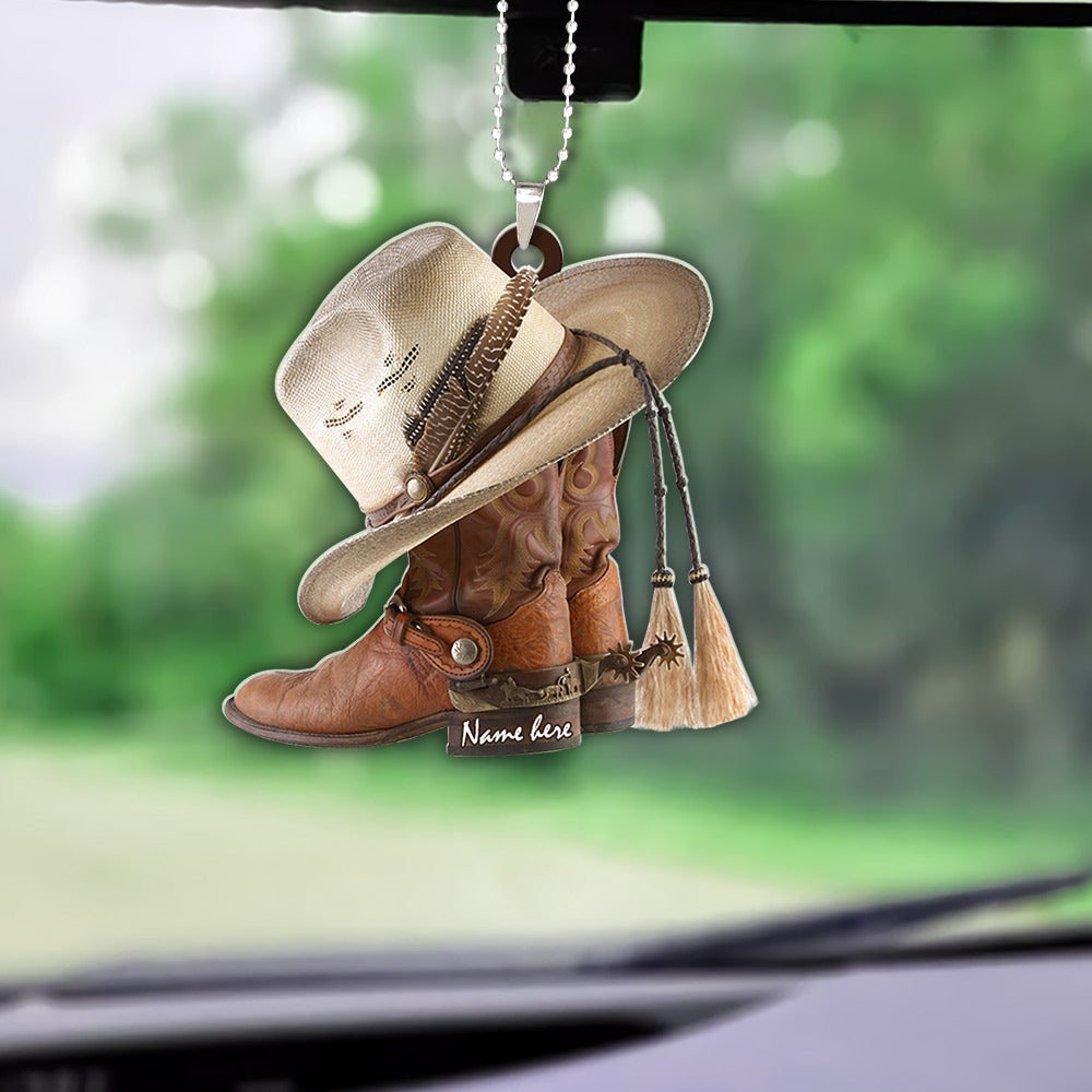Personalized Boots And Hat Cowboy Flat Acrylic Car Hanging Ornament - Best gifts your whole family