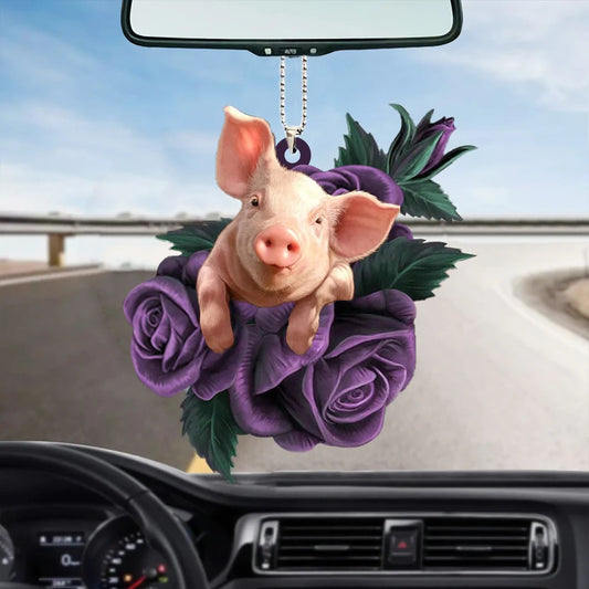 Pig In Purple Rose Car Interior Hanging Ornament Pig Tree Acrylic Ornaments Pig Lover Gift - Best gifts your whole family