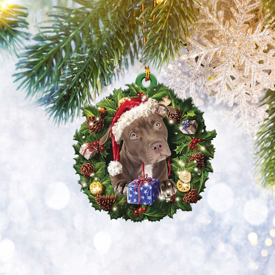 Pitbull Christmas Wreath Flat 2D Ornament, Dog Pet Lover Gifts, Christmas Tree Ornament, Home Decor Plastic Ornament - Best gifts your whole family