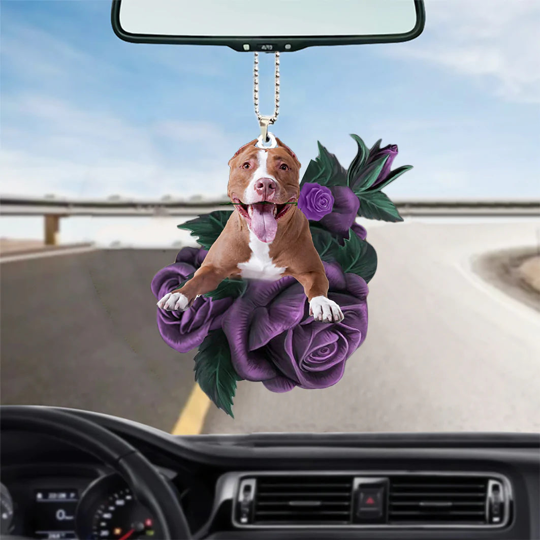 Pitbull In Purple Rose Car Hanging Ornament, Car Ornament Gifts - Best gifts your whole family