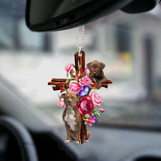 Pitbull Roses And Jesus Auto Hanging Ornament Dog Ornaments For Car Godmerc - Best gifts your whole family