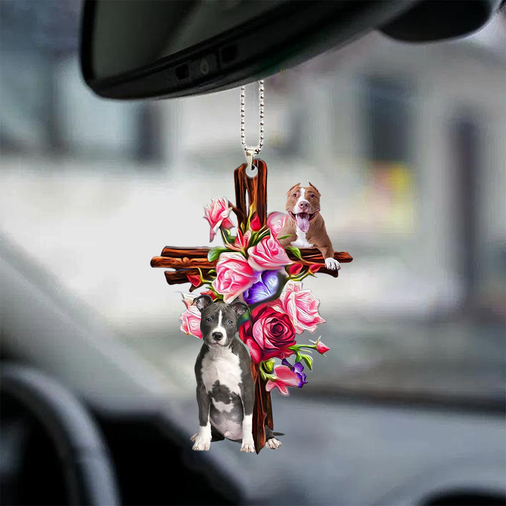 Pitbull Roses And Jesus Car Hanging Ornaments Dog Ornaments For Auto Car Godmerch - Best gifts your whole family