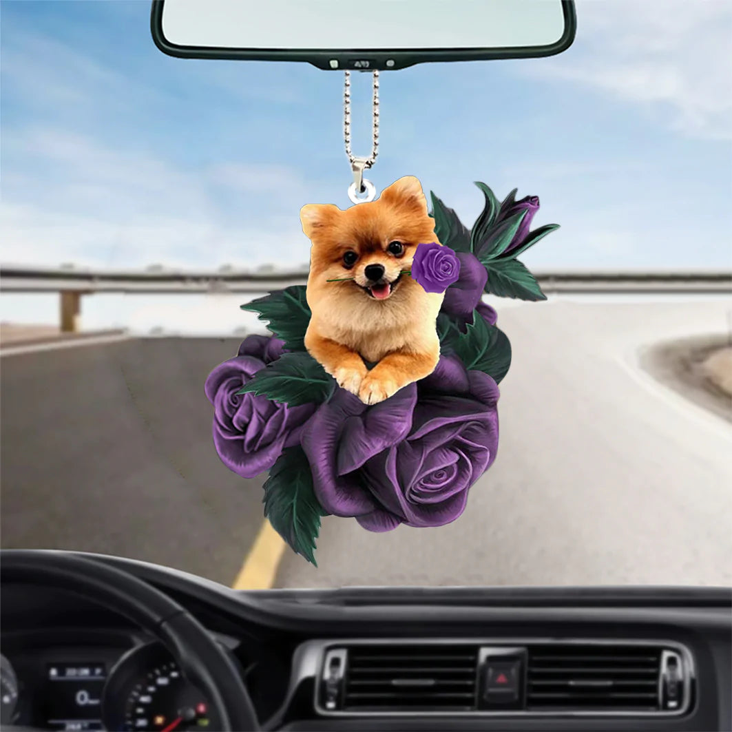 Pomeranian In Purple Rose Car Hanging Ornament - Best gifts your whole family