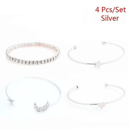 Moon Star Heart Crystal Charm Bracelet Set (4 pcs/set)