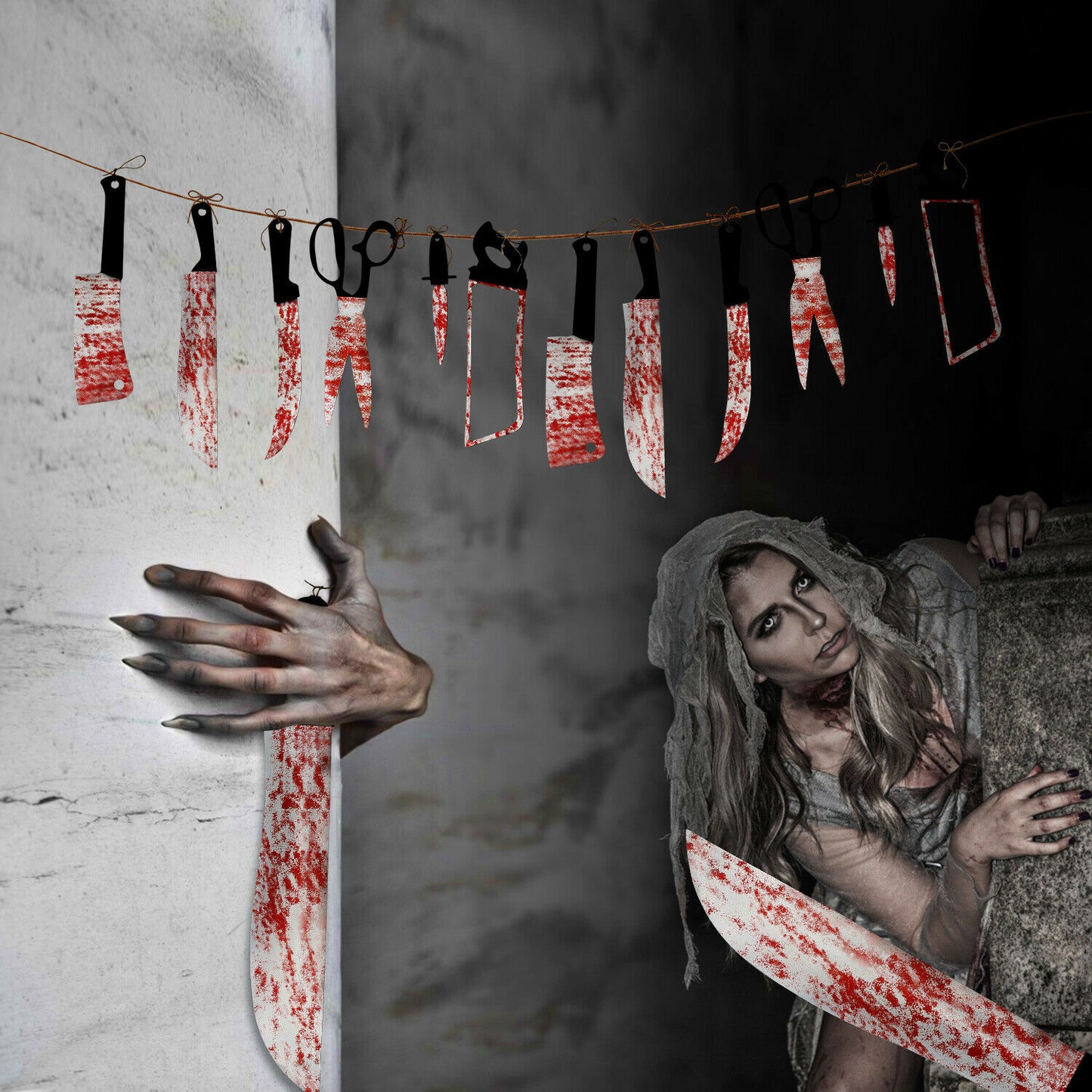 Halloween Hanging Bloody Knives Haunted Scary Horror Banner Props Party Decor US