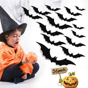 56Pcs Halloween 3D Bats Stickers Scary Decals Wall Window Door Decoration US