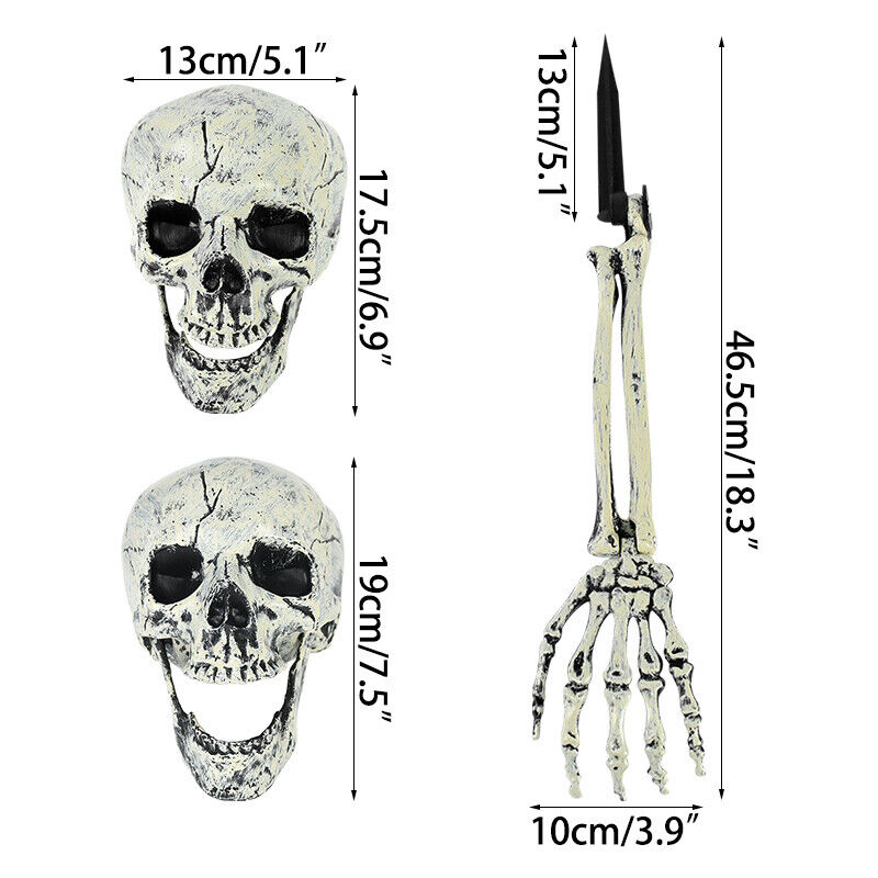 3pcs Halloween Scary Horror Skeleton Decorations Head Bones Hand Outdoor Decor