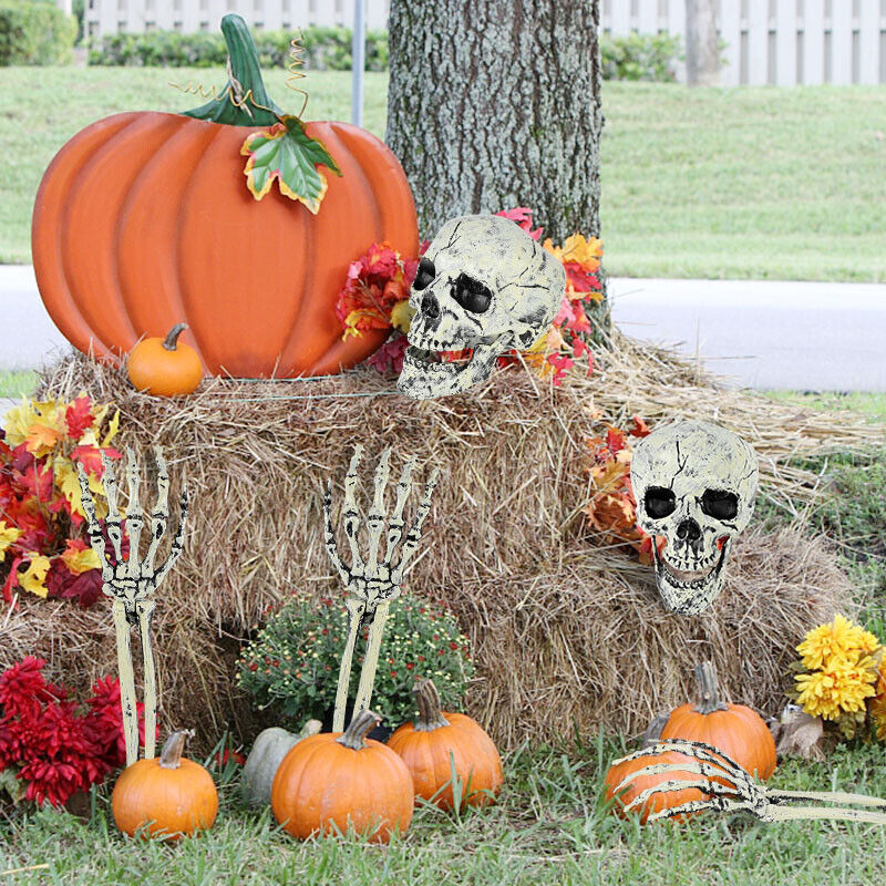 3pcs Halloween Scary Horror Skeleton Decorations Head Bones Hand Outdoor Decor