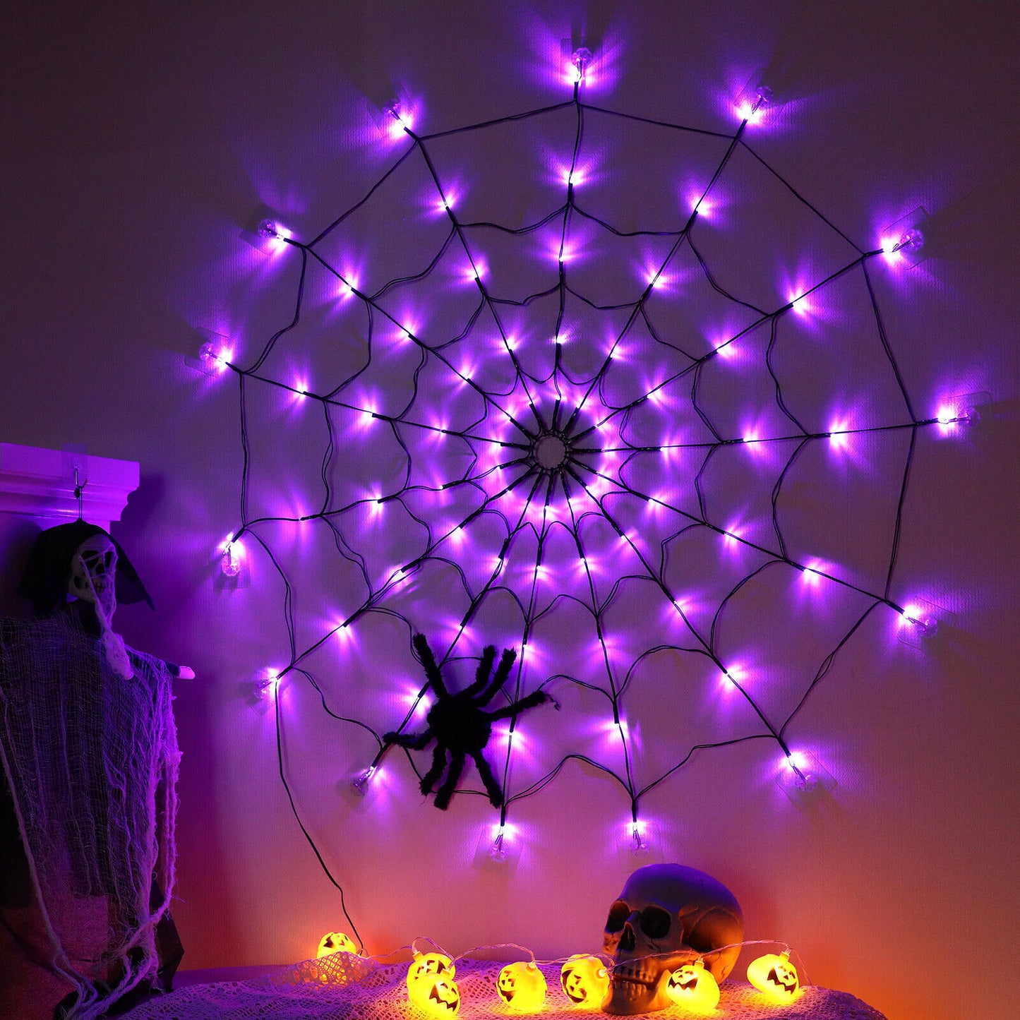 Halloween LED Black Spider Cobweb Lights 3.28FT Purple String Fairy Lights Party