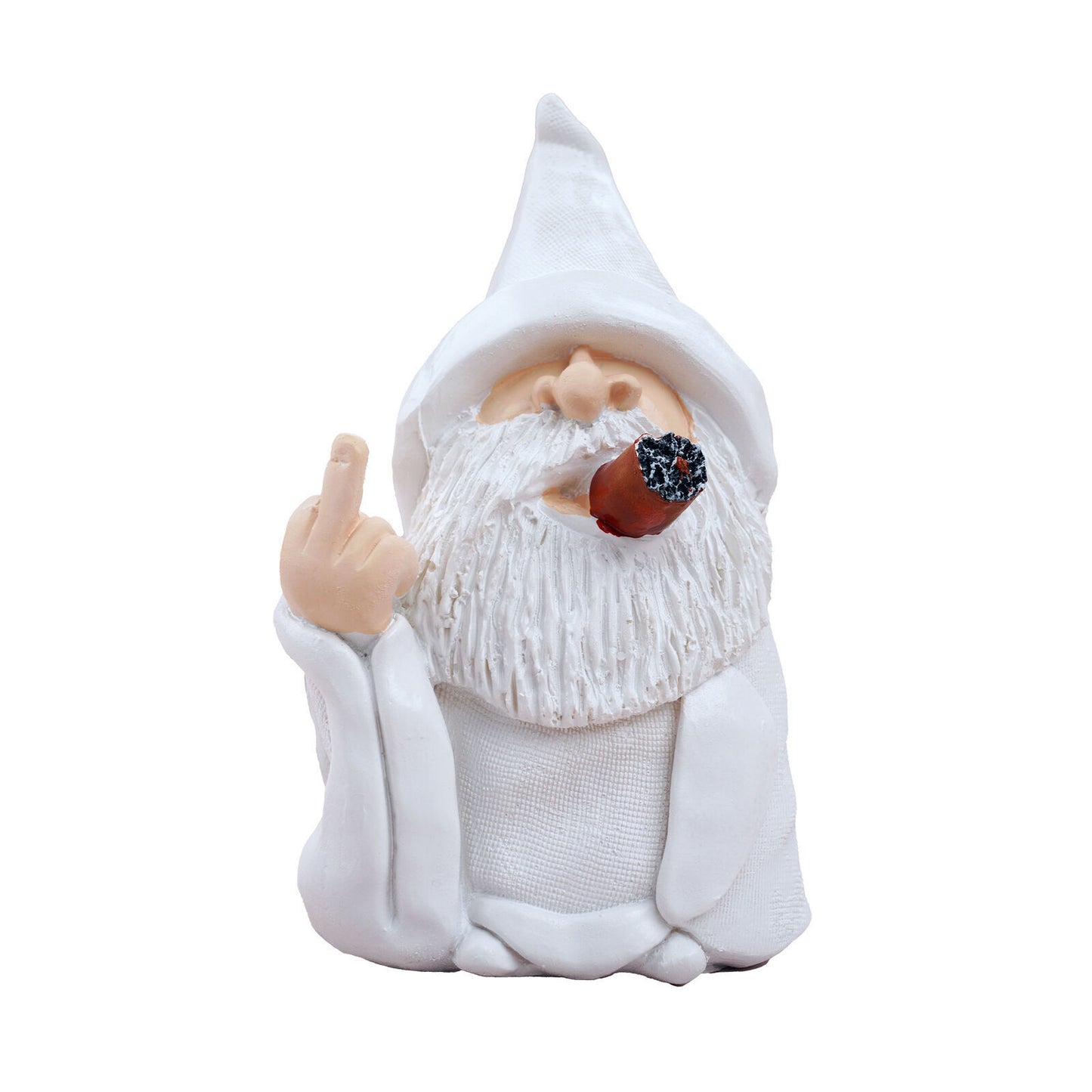 Smoking White Wizard Gnome Middle Finger Garden Yard Lawn Ornament Statue Decor