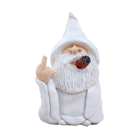 Smoking White Wizard Gnome Middle Finger Garden Yard Lawn Ornament Statue Decor