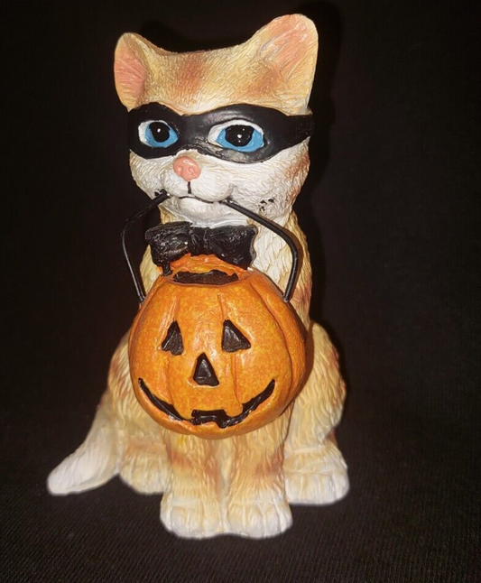 Halloween Statue Cat Wearing Mask Holding Jack O Lantern Figurine