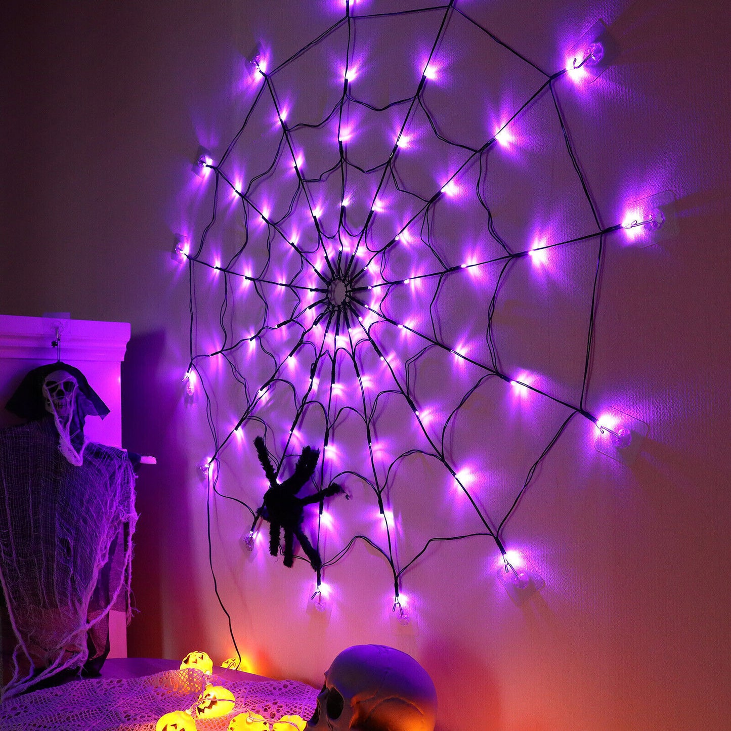 Halloween LED Black Spider Cobweb Lights 3.28FT Purple String Fairy Lights Party