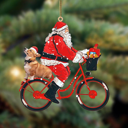 Santa Claus Riding A Bike With Corgi-Two Sided Ornament - Best gifts your whole family