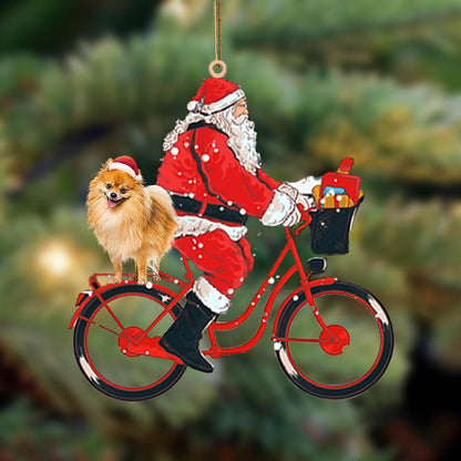 Santa Claus Riding A Bike With Pomeranian-Two Sided Ornament - Best gifts your whole family