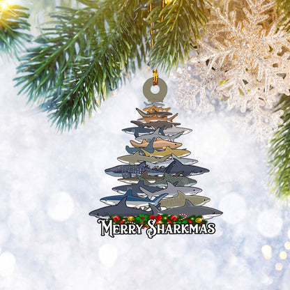 Shark Christmas Tree Flat 2D Ornament, Merry Sharkmas Christmas Tree Ornament, Animal Lover Home Decor Plastic Ornament - Best gifts your whole family