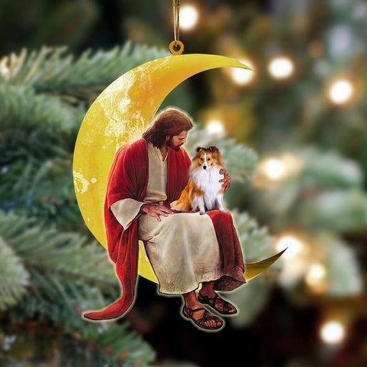Sheltie Dog And Jesus Sitting On The Moon Hanging Ornament - Best gifts your whole family